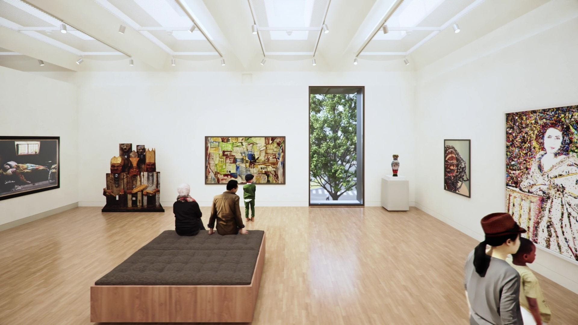 Rendering of Global Contemporary Gallery with visitors observing artwork.